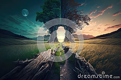 Wooden passage into summer meadow. Genrative ai illustration. Stock Photo