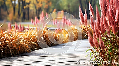 Wooden Path Amidst a Sea of Red and Yellow Blossoms Stock Photo