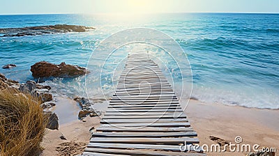 Wooden path at idealistic landscape over sand dunes with ocean view, sunset summer Stock Photo