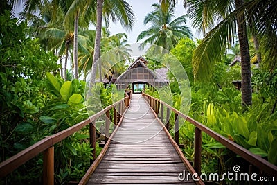 a wooden path leading to a beach resort amidst lush greenery Stock Photo