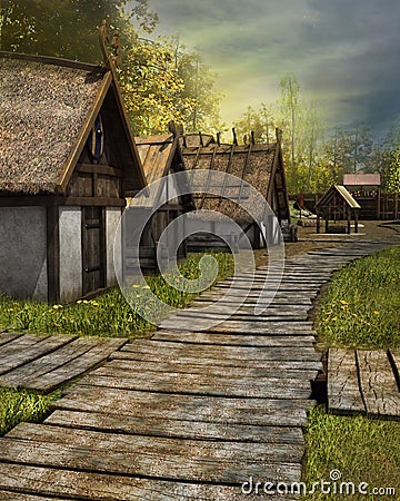 Wooden pavement in a village Stock Photo