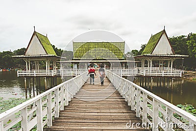 Wooden Pavilion on lake or pond or swamp of Bueng See Fai, Phichit, Thailand. Editorial Stock Photo