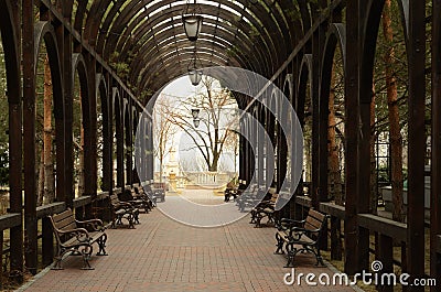 Wooden pavilion in Mezhyhirya park at Novi Petrivtsi near Kyiv Ukraine Stock Photo