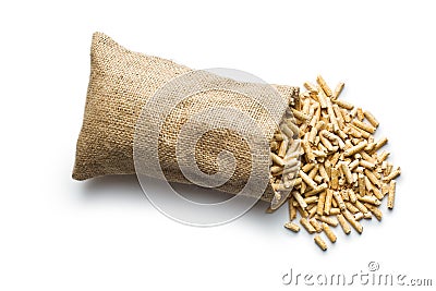 Wooden pellets in jute sack Stock Photo
