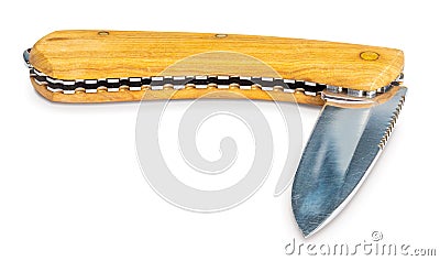 Wooden penknife handle knife, open and isolated on white background Stock Photo