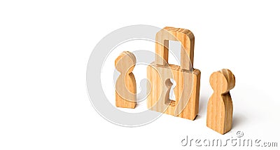 Wooden people with padlocks. Two people with a lock. Security and safety, collateral, loan for a mortgage. Confiscation of Stock Photo