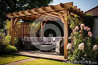 Wooden pergola for garden seating. Stock Photo