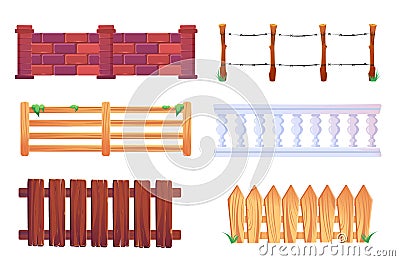 Wooden picket fence, barbwire, balustrade Vector Illustration