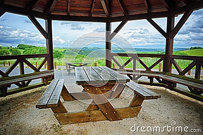 Wooden picnic place Stock Photo
