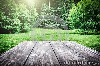 Wooden picnic table in forest Stock Photo