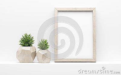 Picture frame mock up and green potted plants on white shelf. 3d illustration Stock Photo