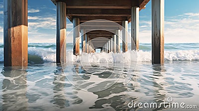 Wooden pier extends into sparkling sea.AI Generated Stock Photo