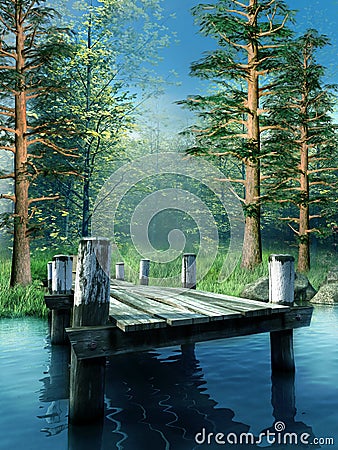 Wooden pier on a lake Stock Photo