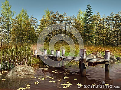 Wooden pier on a lake with leaves Stock Photo