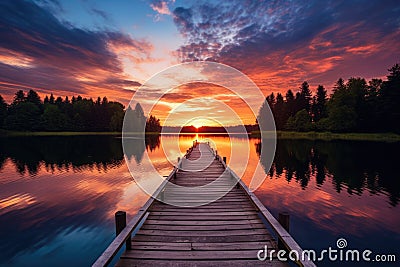 Wooden pier on the lake at sunset. Beautiful summer landscape, Small boat dock and beautiful sunset landscape view with a huge Stock Photo