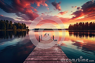 Wooden pier on the lake at sunset. Beautiful summer landscape, Small boat dock and beautiful sunset landscape view with a huge Stock Photo