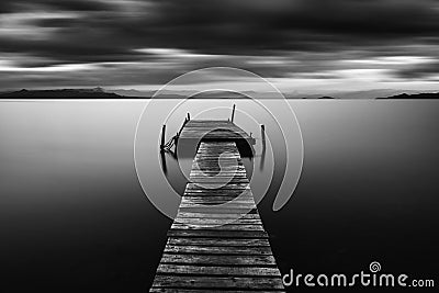 Wooden pier in Messolonghi lake of Greece Stock Photo