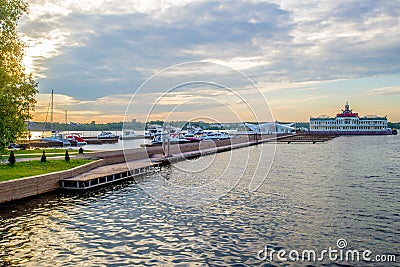 Wooden Pier with yachts preitum ticket office on the banks of the Moscow River Editorial Stock Photo