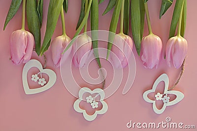 Wooden pink empty copy space background with pink tulips Stock Photo