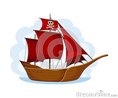 Wooden Pirate Ship or Vessel with Red Sail Navigating Upon Water Vector Illustration Vector Illustration