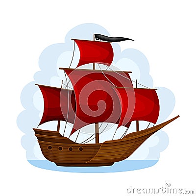 Wooden Pirate Ship or Vessel with Red Sail Navigating Upon Water Vector Illustration Vector Illustration