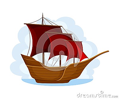 Wooden Pirate Ship or Vessel with Red Sail Navigating Upon Water Vector Illustration Vector Illustration