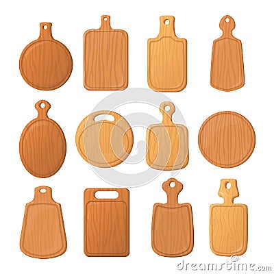 Wooden pizza board. Empty wood chopping boards with handles, round plank tray for cutting food hardboard kitchen plate Vector Illustration