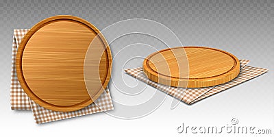 Wooden pizza and cutting boards on kitchen towel Vector Illustration