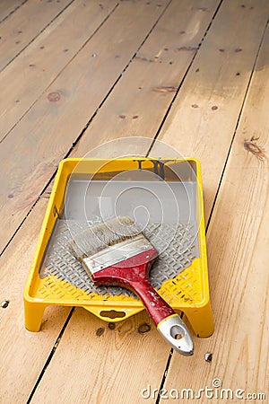 Wooden plank floor varnishing Stock Photo