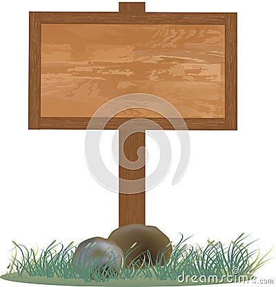 Wooden plank for signboard indication planted on the lawn Vector Illustration