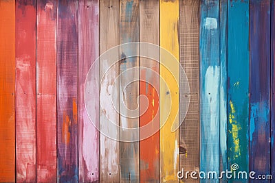 Wooden plank wall painted with different colourful paints Stock Photo