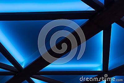 Wooden Planks Element Object Detail Part Interior Ceiling in Blue Neon Light Decoration Stock Photo