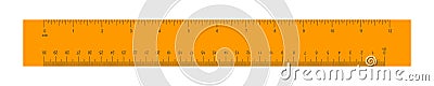 Wooden or plastic orange ruler with 12 inch and 30 centimeter scale. Distance, height or length measurement math tool Vector Illustration