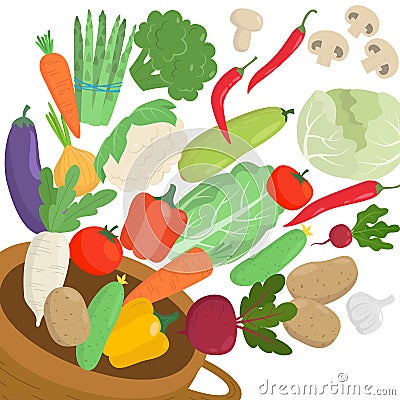 Wooden plate with colorful vegetables Vector Illustration