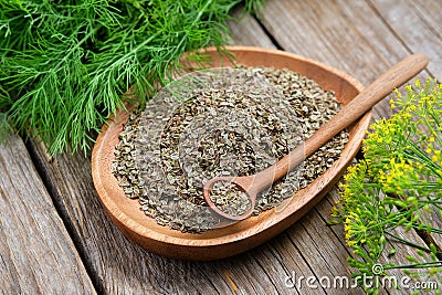 Wooden plate of fennel seeds and bunches of fresh green dill Stock Photo