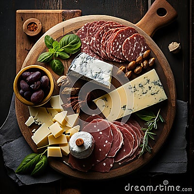 a wooden plate topped with different types of cheese and meats next to a bowl of olives and a bowl o Stock Photo