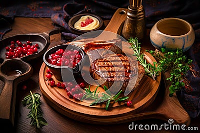 Wooden plate topped with meat next to bowl of cranberry sauce. Generative AI Stock Photo