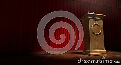 Wooden Podium On Curtained Stage Stock Photo