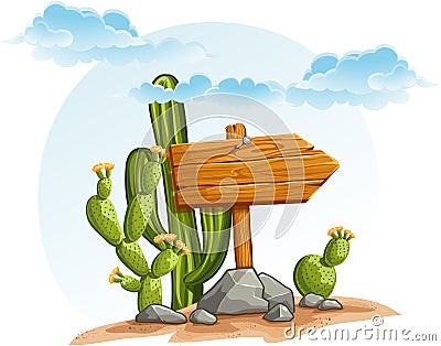 Wooden pointer with cacti in the desert Vector Illustration