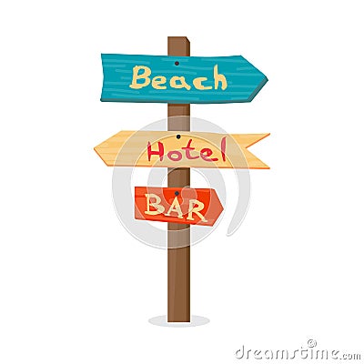 Wooden pointer to the beach, the hotel, in the bar Vector Illustration