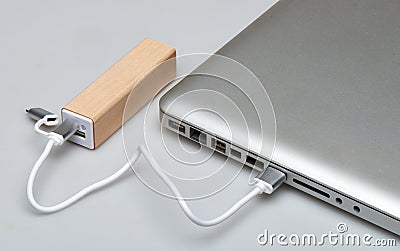 Wooden portable external power bank, phone recharge Stock Photo