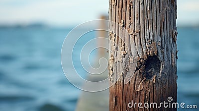 Wooden post with a hole in it by the water, AI Stock Photo
