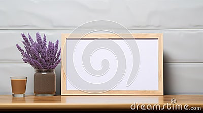 Wooden Poster Frame With Lavender: A Toycore-inspired Tabletop Photography Piece Stock Photo