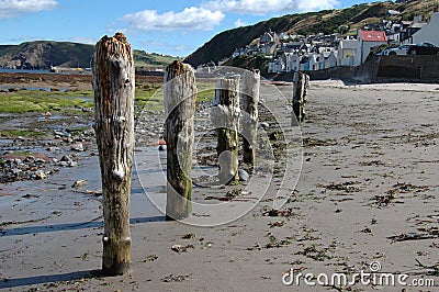 Wooden posts on beach in Gardenstown, Scotland Stock Photo