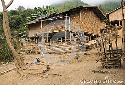 Wooden primitive home of Laotian village Stock Photo