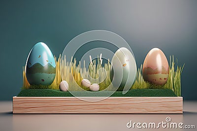 A wooden product display top with an Easter background of painted eggs and green grass and meadows. Generative AI Stock Photo