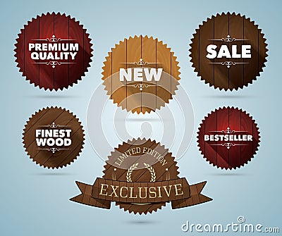 Wooden promo badges Vector Illustration