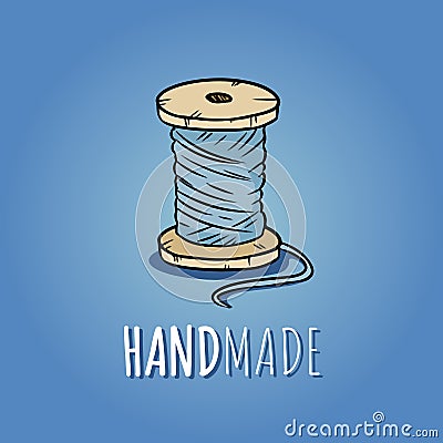 Wooden pulley of cotton threads. Handmade logo design. Hand drawn cute cartoon icon Vector Illustration