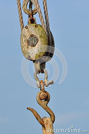 Wooden pulley with Hook Stock Photo