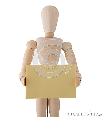 Wooden Puppet with Notepaper isolated on white bac Stock Photo